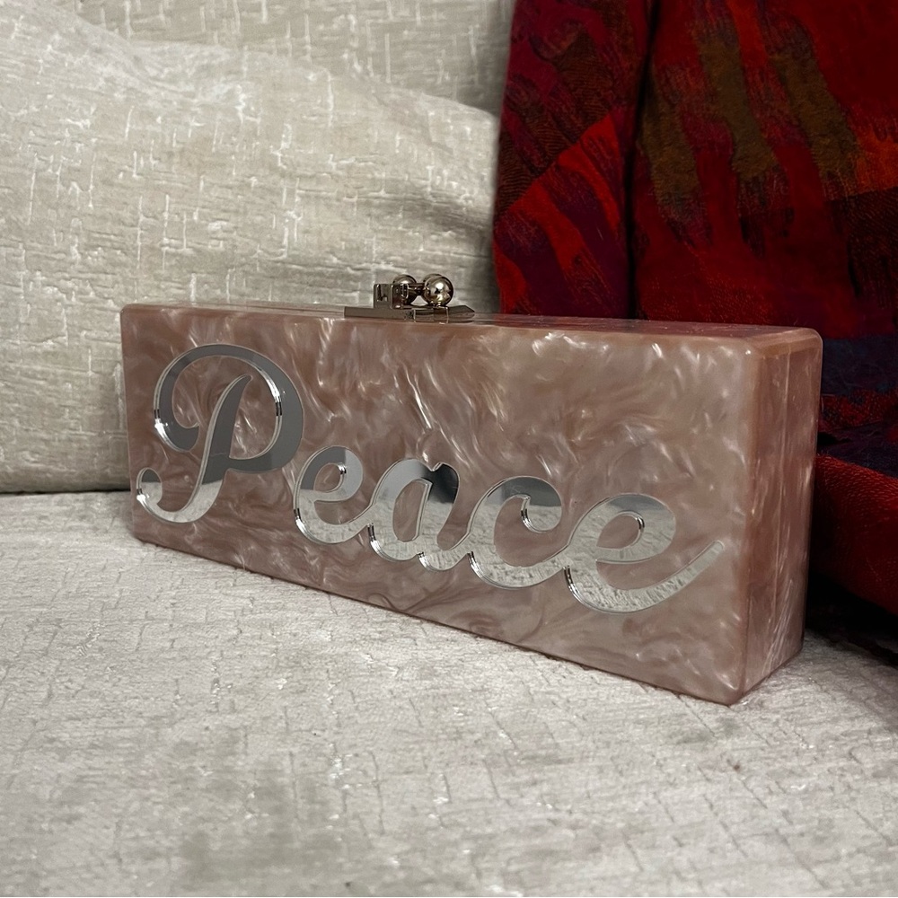 Edie Parker Pink Marbled Acrylic Clutch with Love and Peace Script